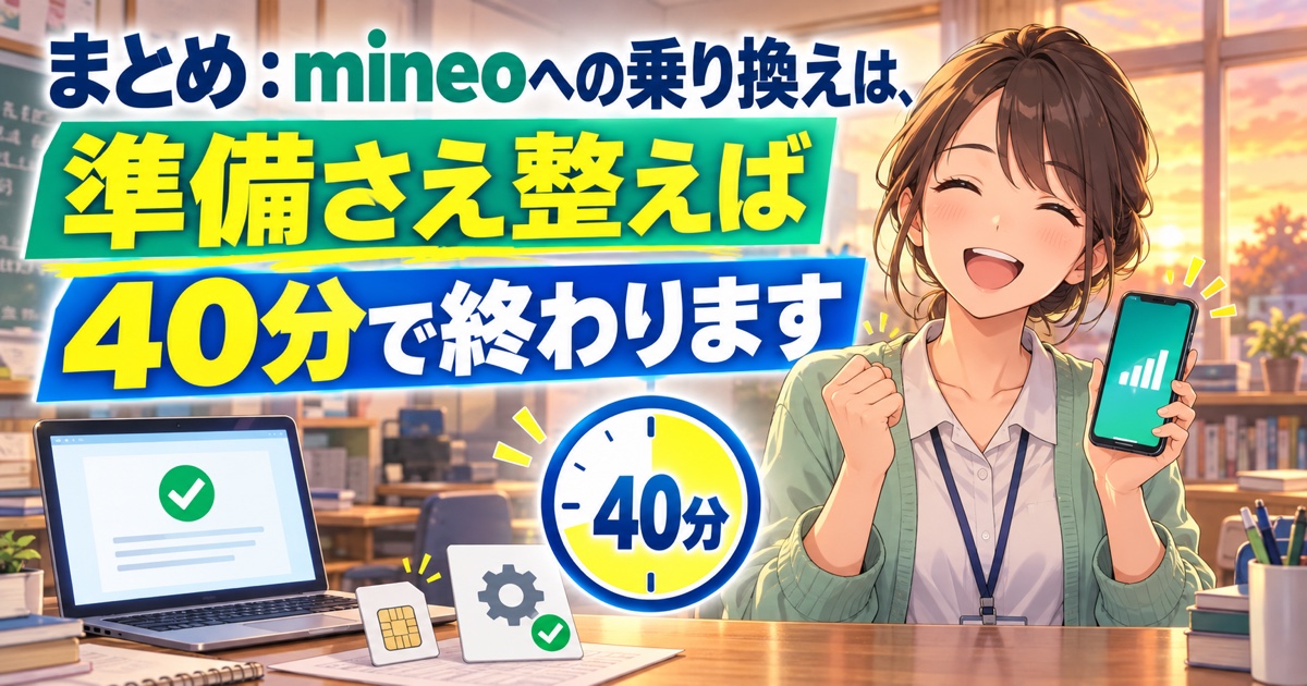 まとめ:mineoへの乗り換えは、準備さえ整えば40分で終わります