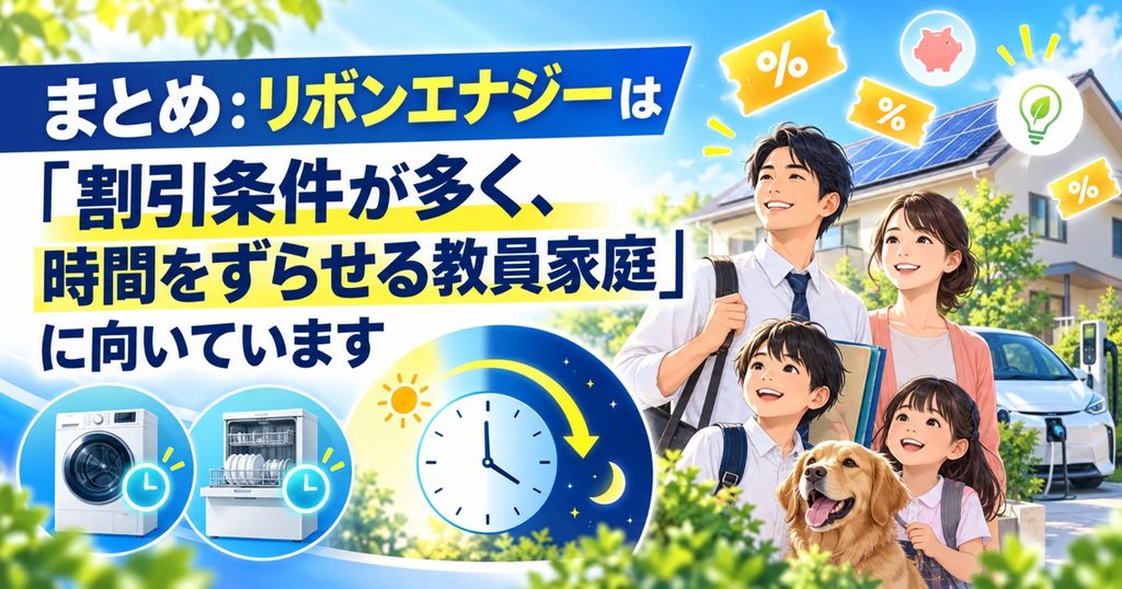 まとめ:リボンエナジーは「割引条件が多く、時間をずらせる教員家庭」に向いています